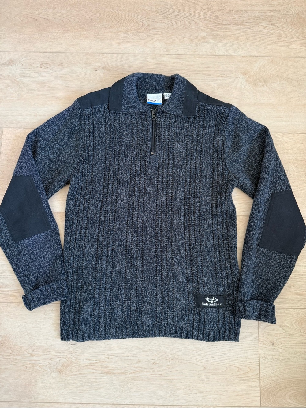 Hurley International Dark Gray Half-Zip Ribbed Knit Sweater with Patchwork Men S